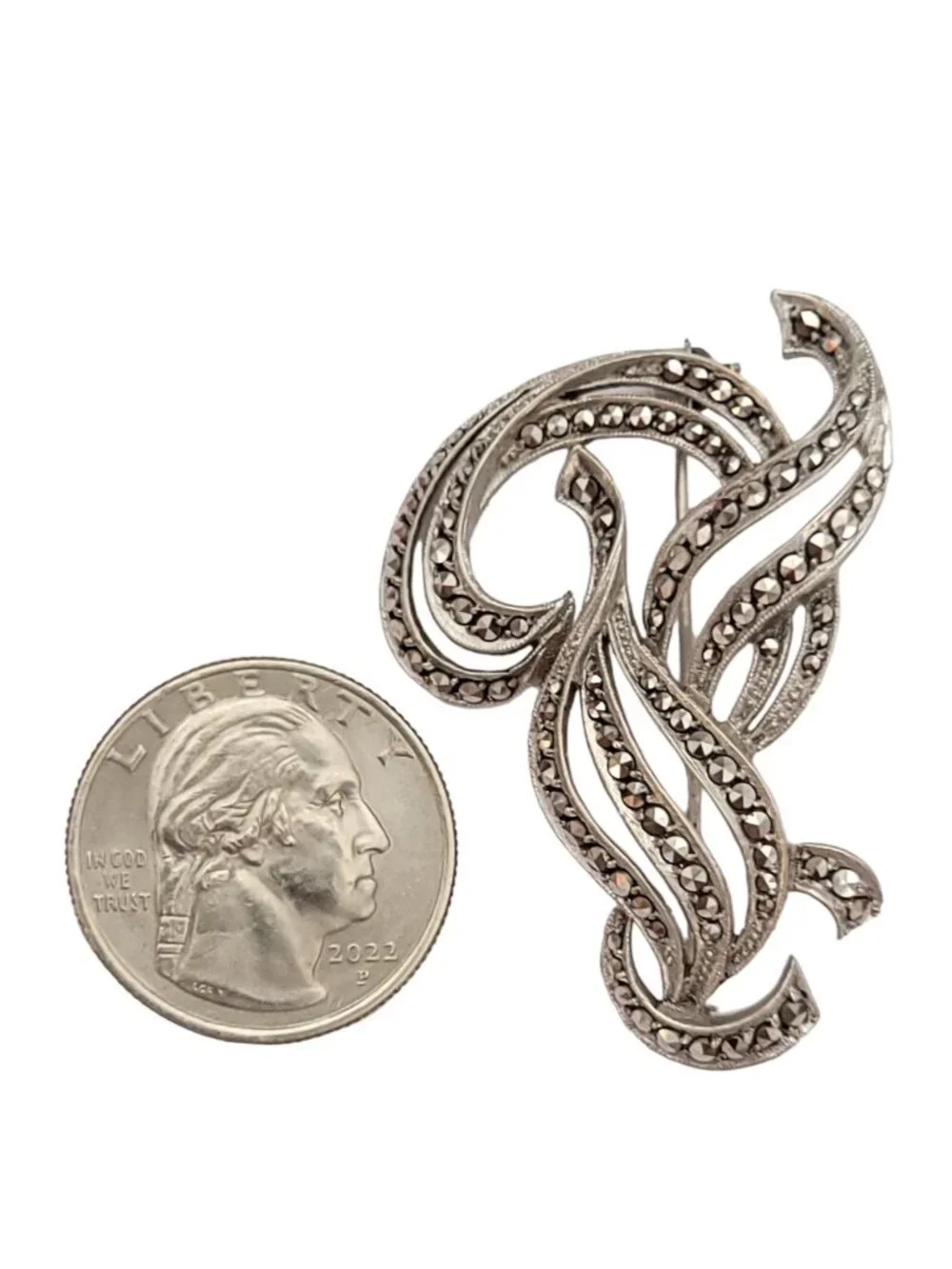 Sterling Silver Marcasite Ribbon Open Plume Brooch Pin K219
